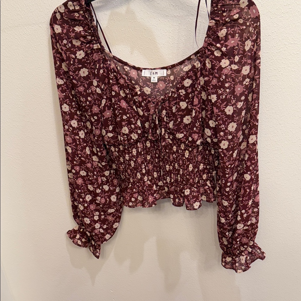 E&M Burgundy Floral Blouse